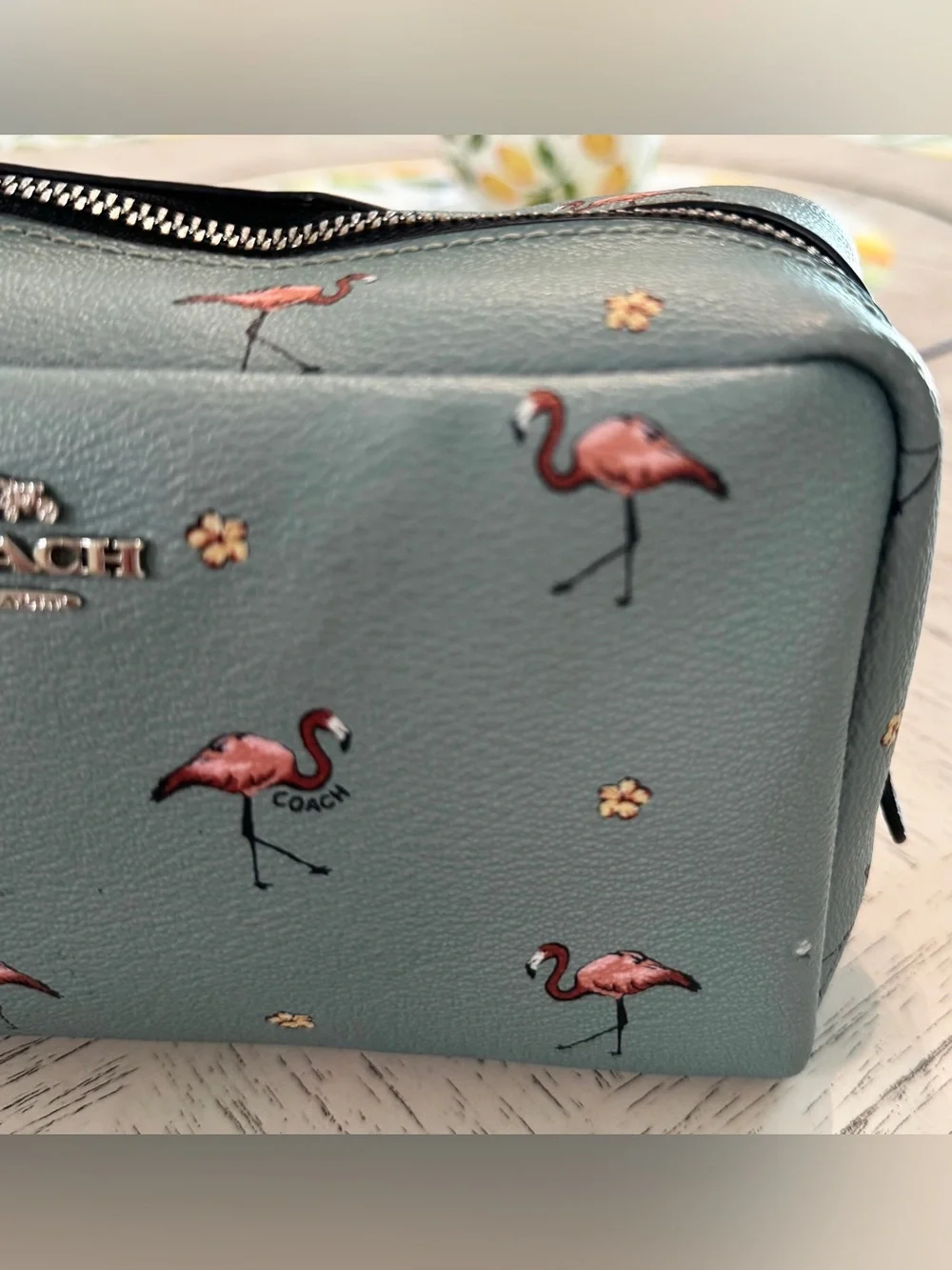 Coach Boxy Cosmetic Case 20 Flamingo Print Aquamarine F29374